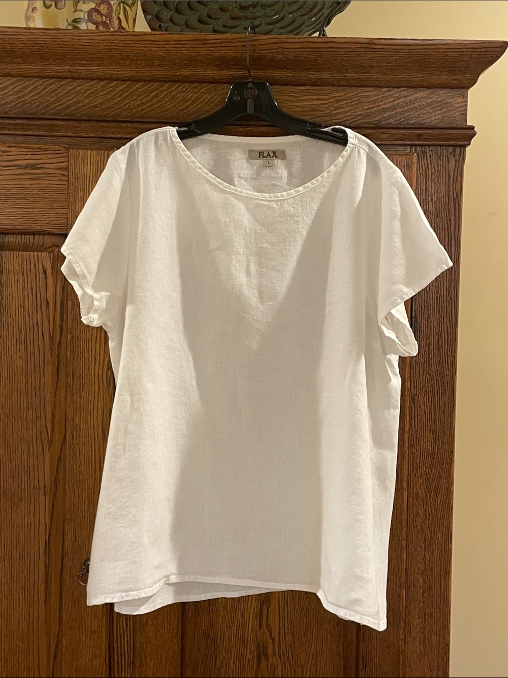 Flax White Linen Short-Sleeve Scoop Neck Top L